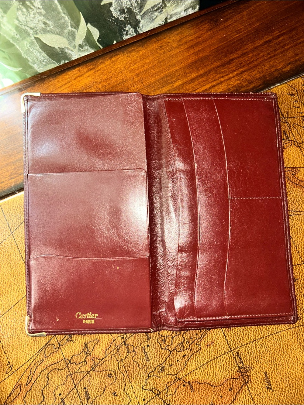 Vintage Cartier Bordeaux Burgundy Leather Long Wallet with Gold Corners -EUC- - Picture 9 of 16